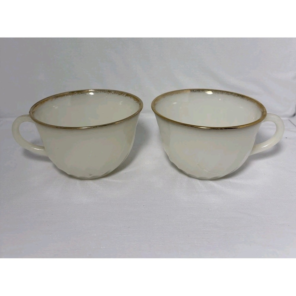 Vintage Fire King Oven Ware Milk Glass Coffee Cups Gold Rim Set of 2